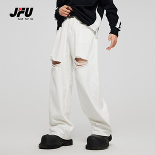 JFU 美式高街阔腿裤白色破洞牛仔裤男款百搭宽松直筒潮牌长裤子男