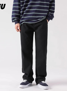 JFU黑色美式vibe牛仔裤男2024年春秋新款宽松直筒阔腿裤长裤子男