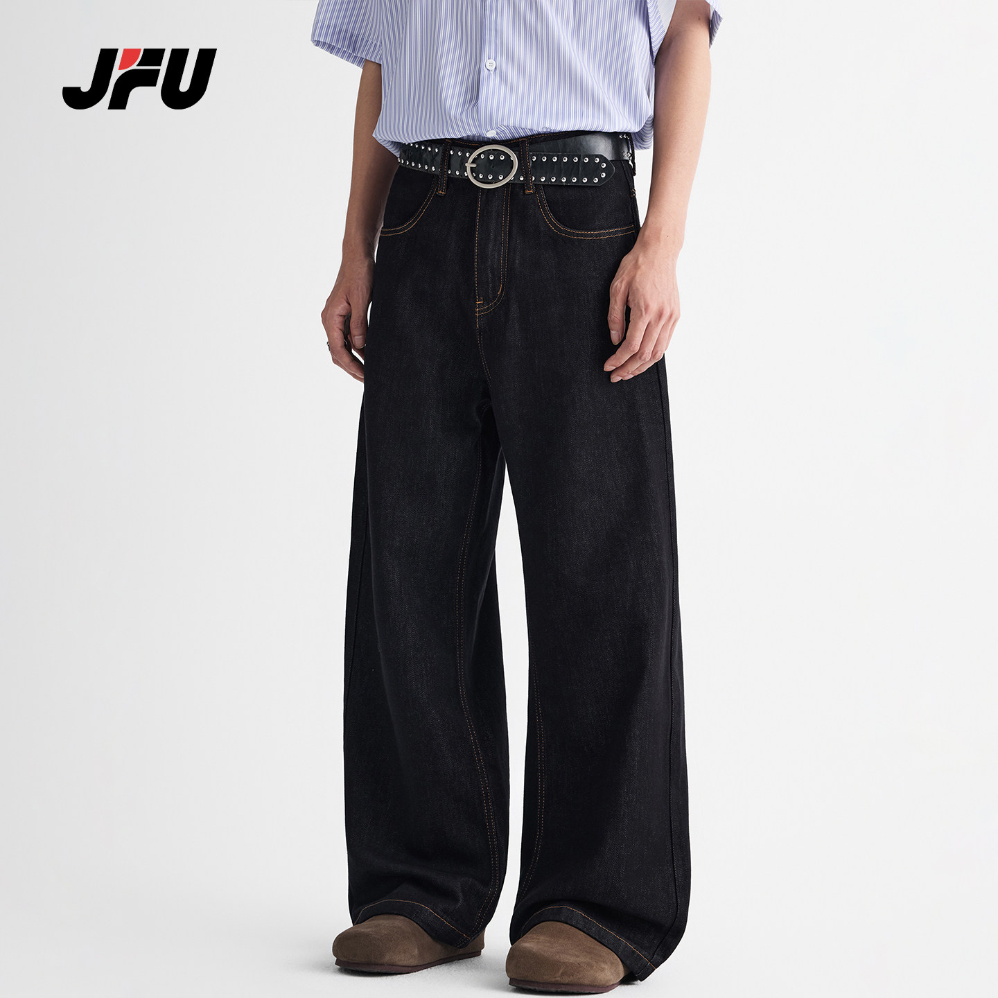 JFU潮牌复古水洗明线直筒牛仔裤图片