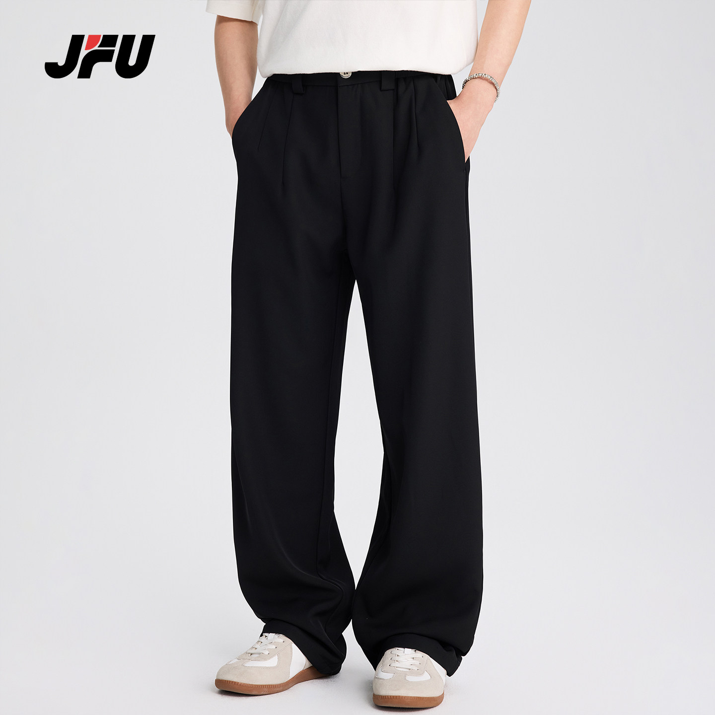 JFU潮牌 秋季新款黑色百搭宽松直筒休闲裤男阔腿垂感小西装长裤