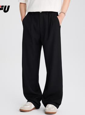 JFU潮牌 秋季新款黑色百搭宽松直筒休闲裤男阔腿垂感小西装长裤