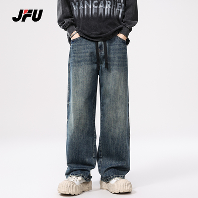 JFU2025春秋款美式复古蓝色做旧牛仔裤潮牌裤子男宽松直筒阔腿裤