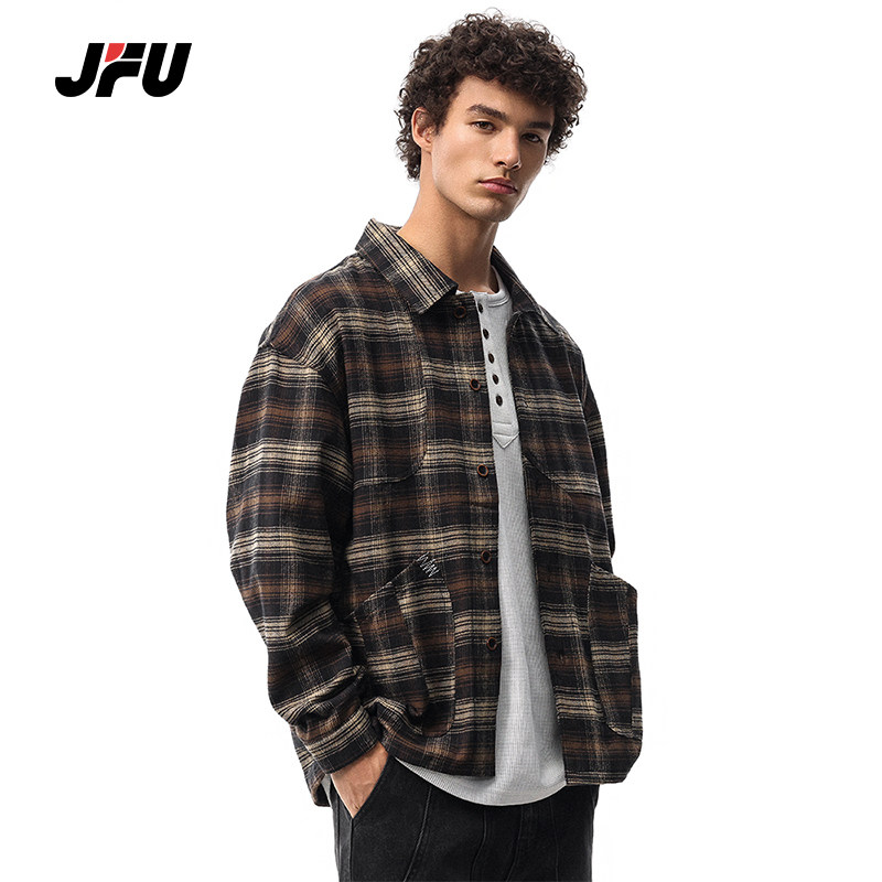 JFU春季新款美式复古格子衬衫男款工装外套宽松休闲上衣夹克