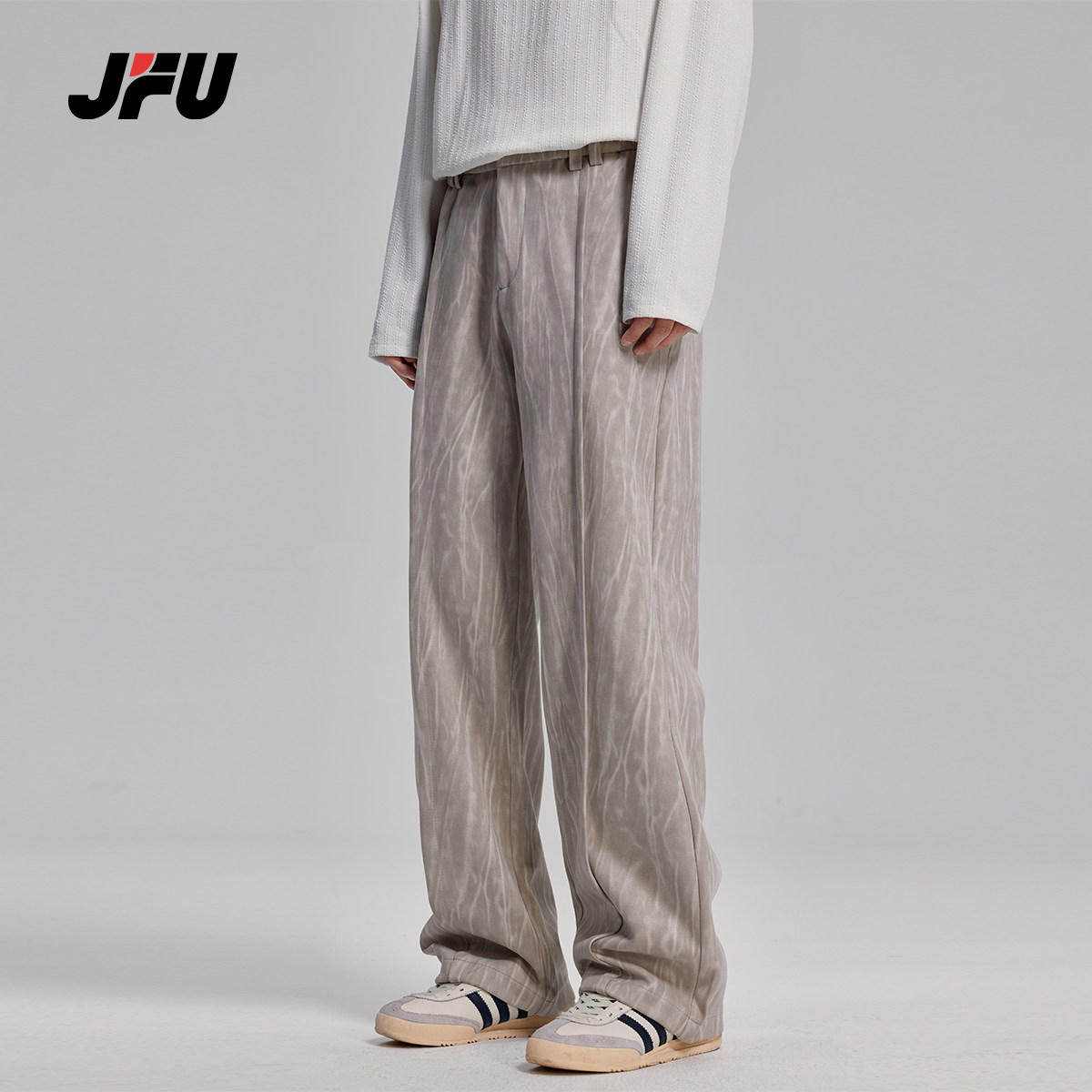 JFU秋冬美式水波纹垂感直筒休闲裤男设计百搭麂皮宽松阔腿长裤子