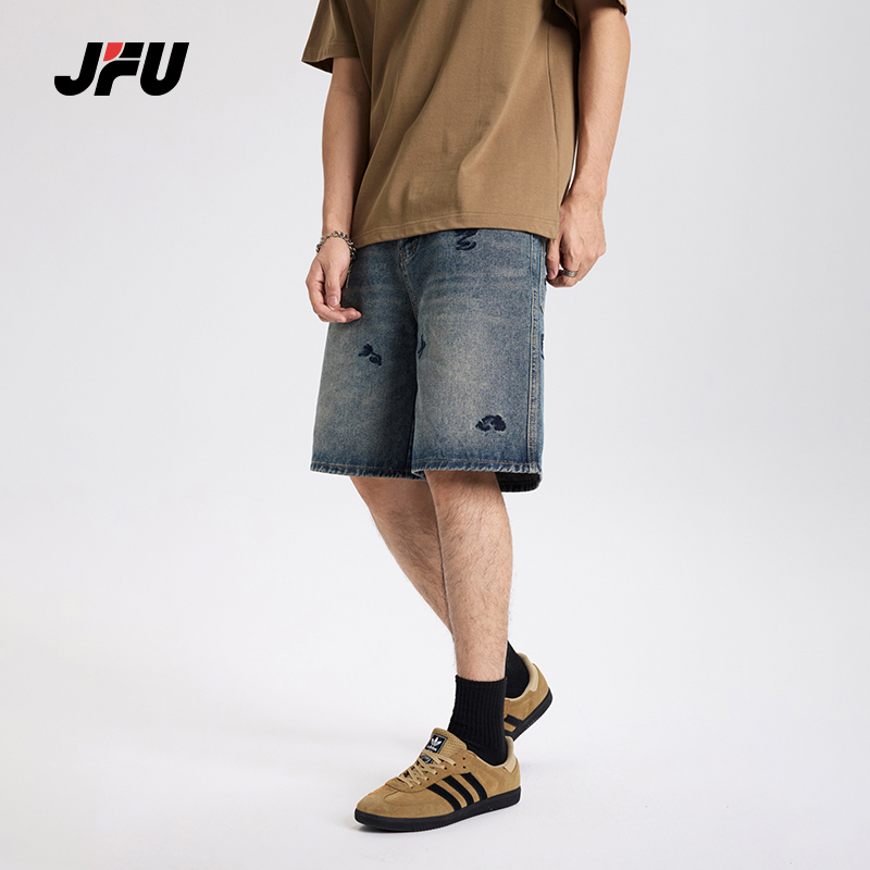 JFU夏季新款美式复古水洗破洞牛仔短裤男款宽松阔腿休闲五分裤
