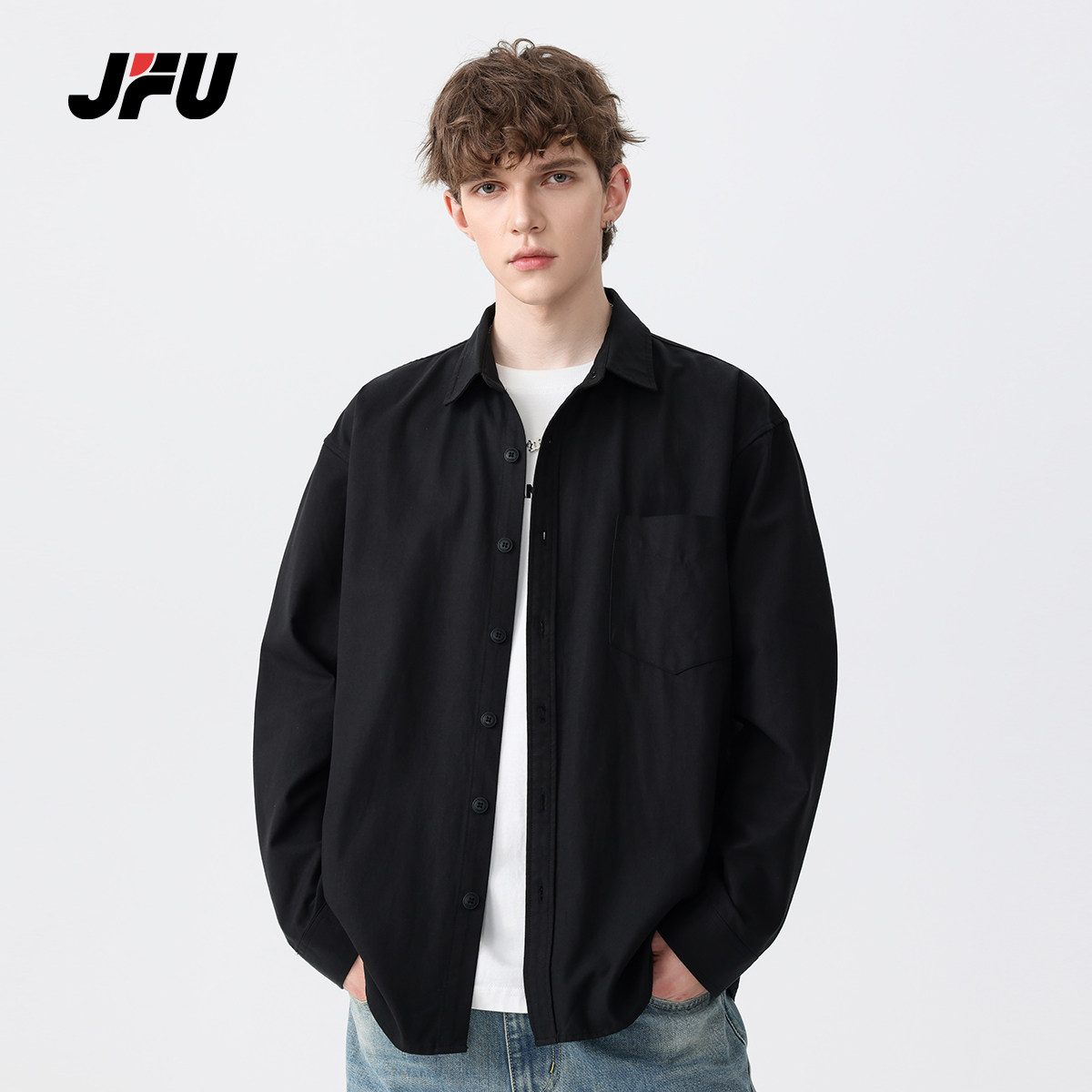 JFU秋季男士长袖衬衫男高级感慵懒风简约宽松休闲衬衣工装外套