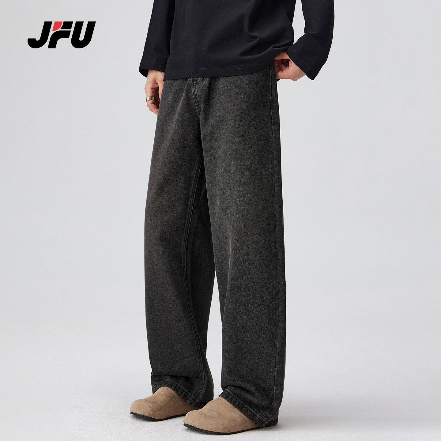 JFU潮牌 秋季美式复古水洗宽松休闲牛仔裤男款直筒垂感拖地长裤子