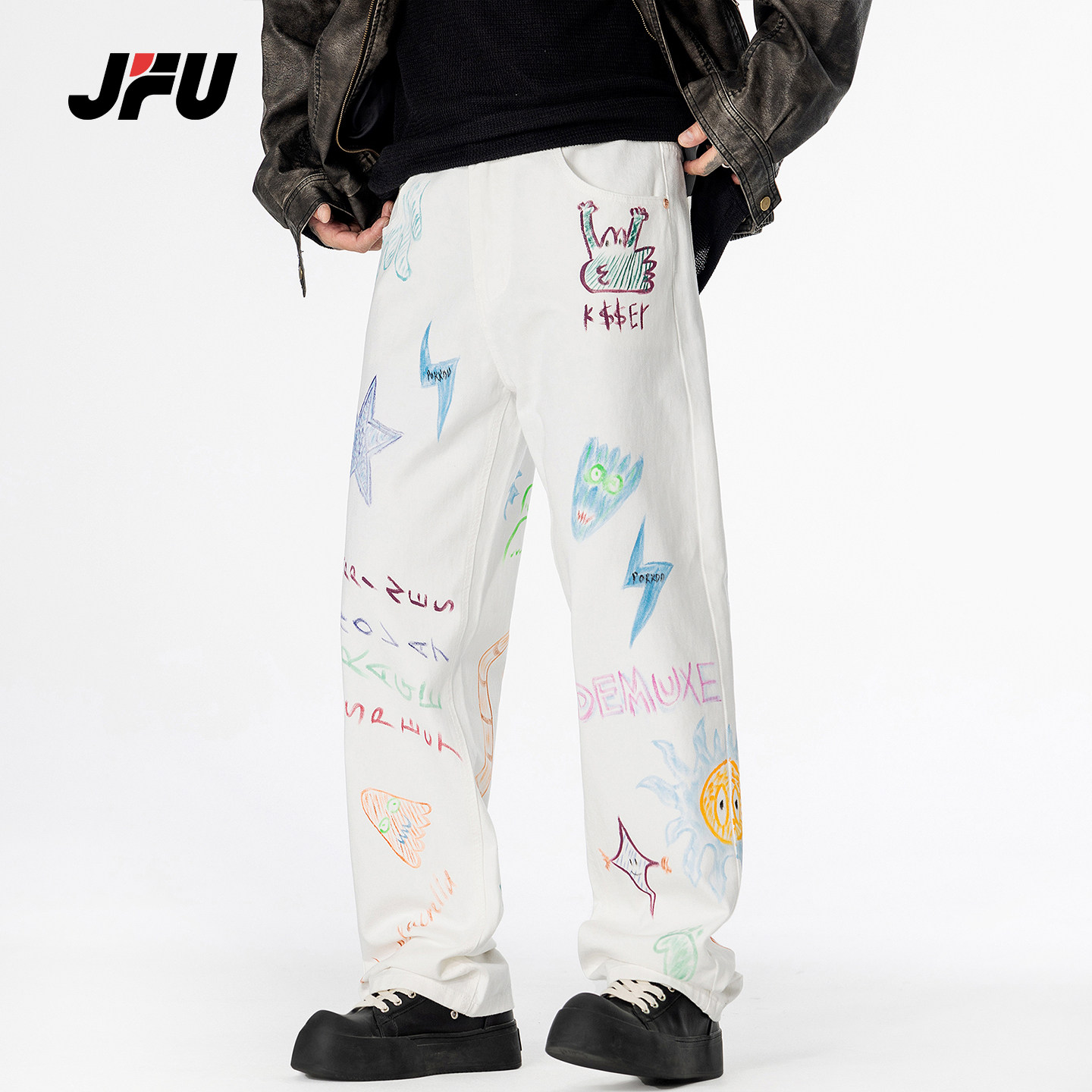 JFU潮牌涂鸦直筒宽松牛仔裤男