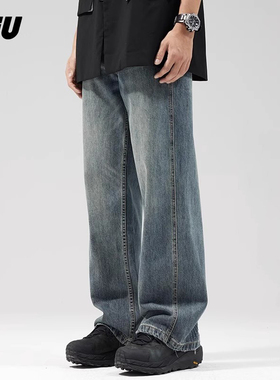 JFU牛仔裤男生设计感美式秋冬新款复古直筒宽松阔腿裤高街裤子潮