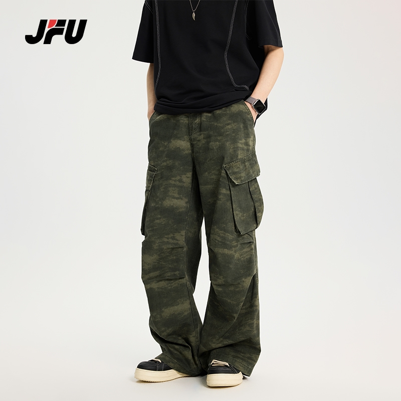 JFU春季新款美式宽松迷彩多口袋直筒休闲裤男款痞帅工装裤长裤子