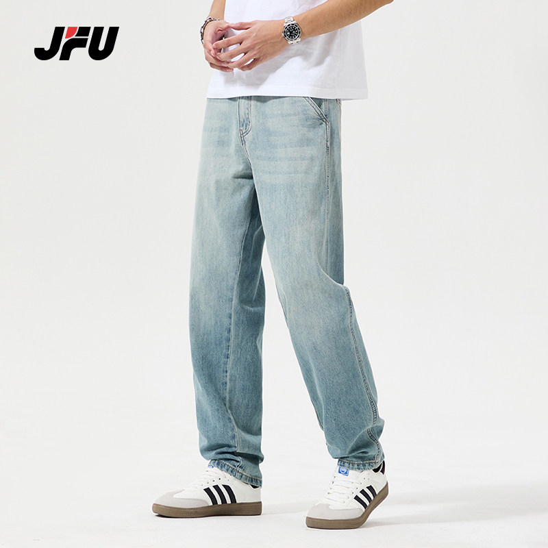 JFU夏季莱赛尔美式复古天丝牛仔裤男宽松直筒阔腿垂感休闲长裤子