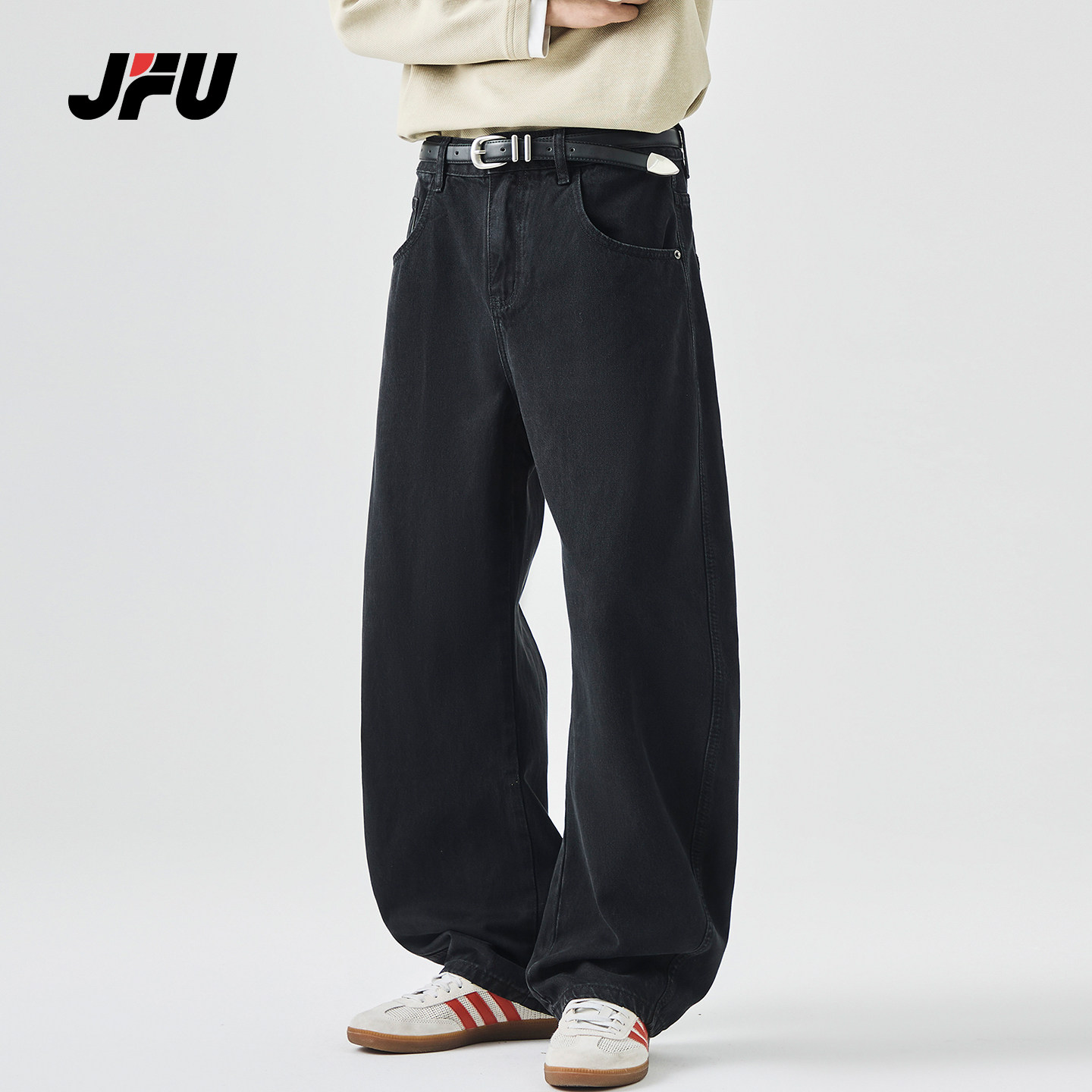 JFU潮牌 秋冬新款黑色复古水洗阔腿弯刀牛仔裤男款宽松休闲长裤