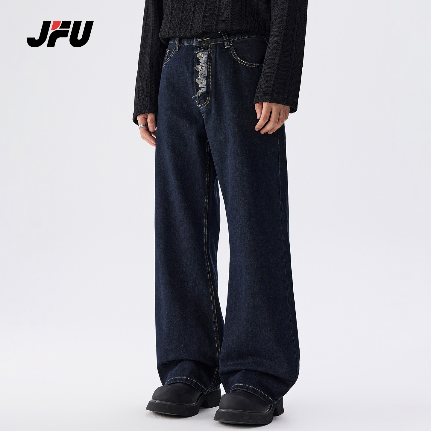 JFU潮牌 秋冬季美式复古宽松阔腿牛仔裤男款磨毛直筒休闲长裤子