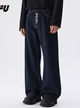 JFU潮牌 秋冬季美式复古宽松阔腿牛仔裤男款磨毛直筒休闲长裤子
