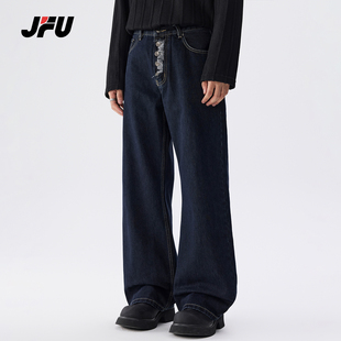 JFU潮牌 秋冬季美式复古宽松阔腿牛仔裤男款磨毛直筒休闲长裤子