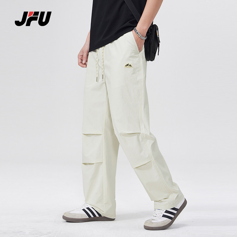 JFU春季新款美式复古直筒休闲裤男款宽松大码松紧腰垂感长裤子