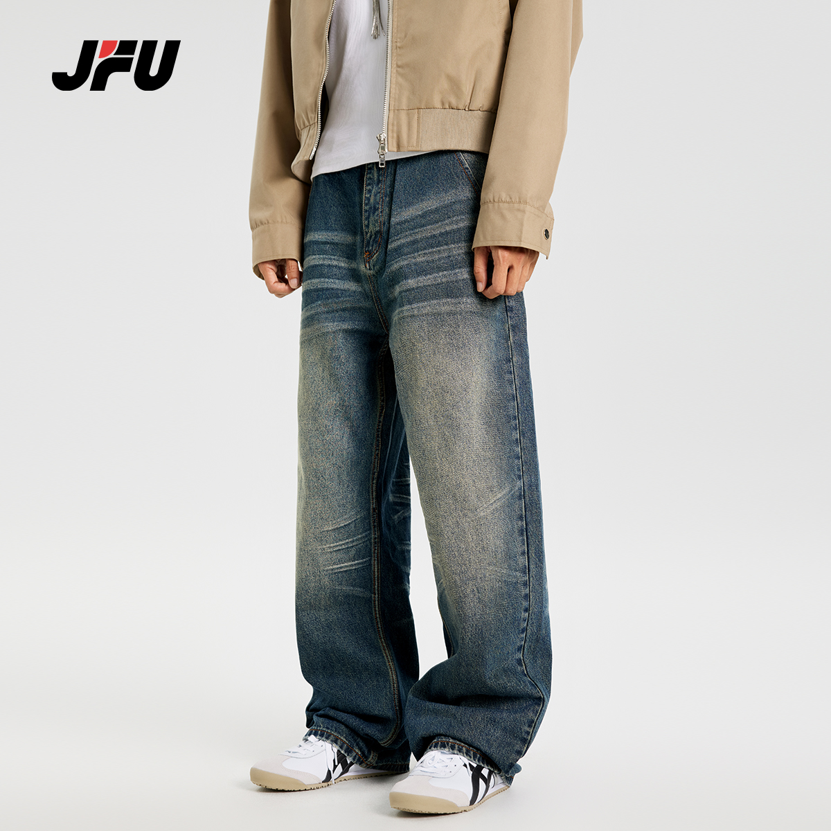 JFU2024秋冬复古高街牛仔裤男美式直筒宽松垂感青少年阔腿裤潮牌