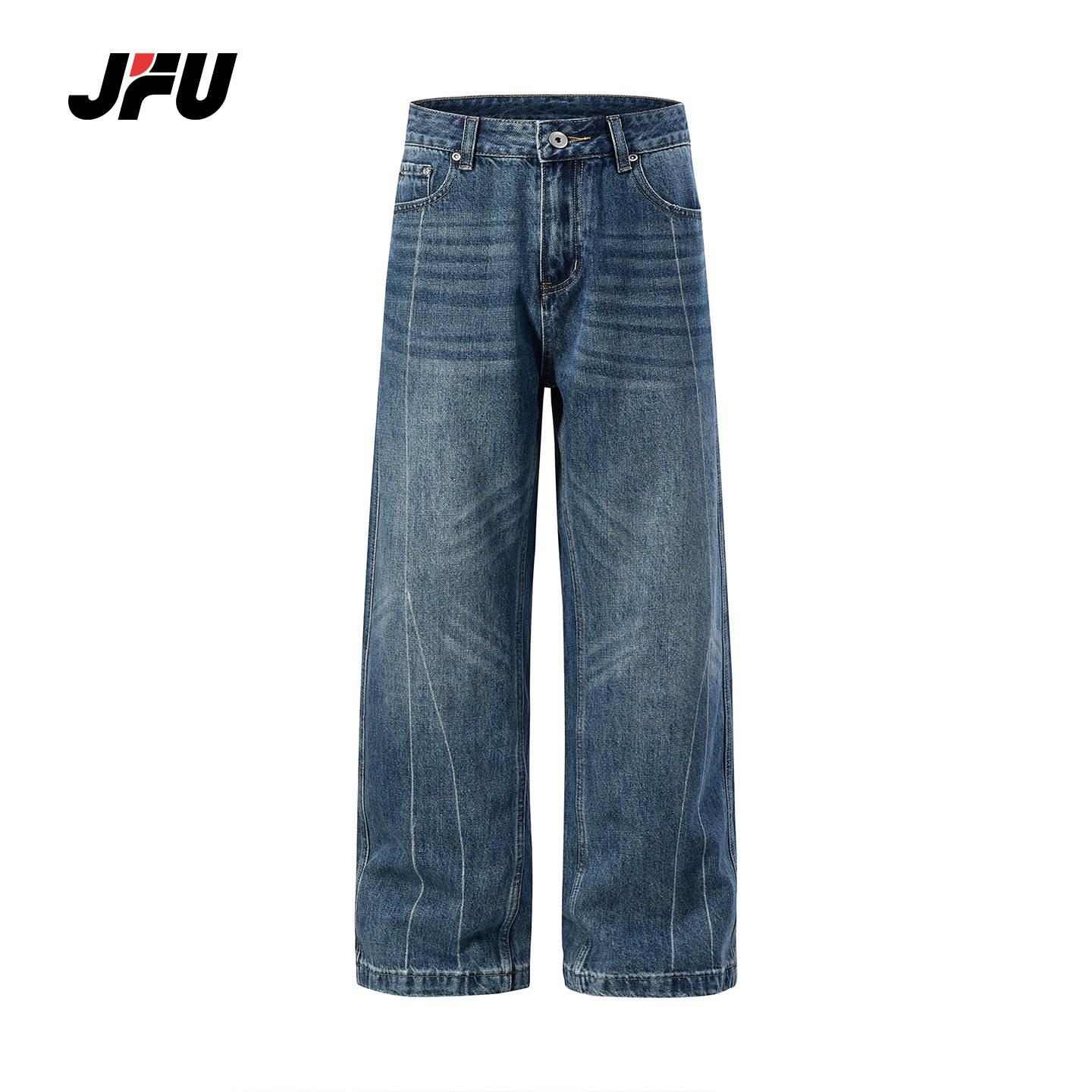 JFU潮牌 秋冬季美式复古水洗微喇牛仔裤男宽松直筒百搭拖地长裤子,男装,牛仔裤,淘宝优惠券,粉丝福利购,淘宝优惠卷