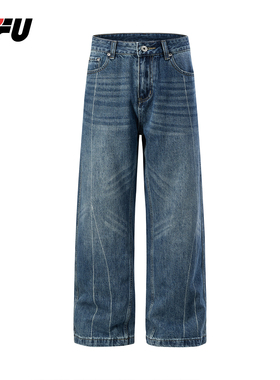 JFU潮牌 秋冬季美式复古水洗微喇牛仔裤男宽松直筒百搭拖地长裤子