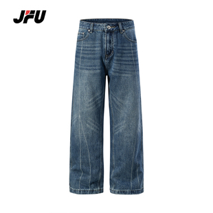 JFU潮牌 秋冬季美式复古水洗微喇牛仔裤男宽松直筒百搭拖地长裤子