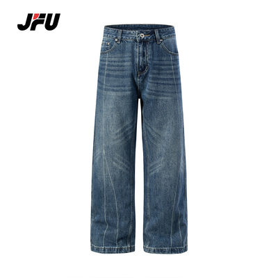JFU潮牌美式复古水洗微喇牛仔裤