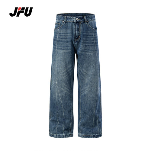 JFU潮牌 美式复古水洗微喇牛仔裤男宽松直筒百搭拖地长裤子