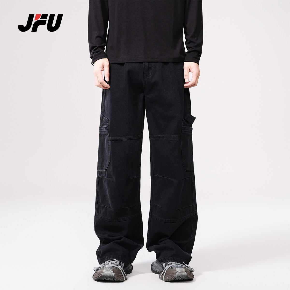 JFU2025春秋款美式高街复古水洗弯刀牛仔裤男休闲宽松直筒阔腿裤,男装,牛仔裤,淘宝优惠券,粉丝福利购,淘宝优惠卷