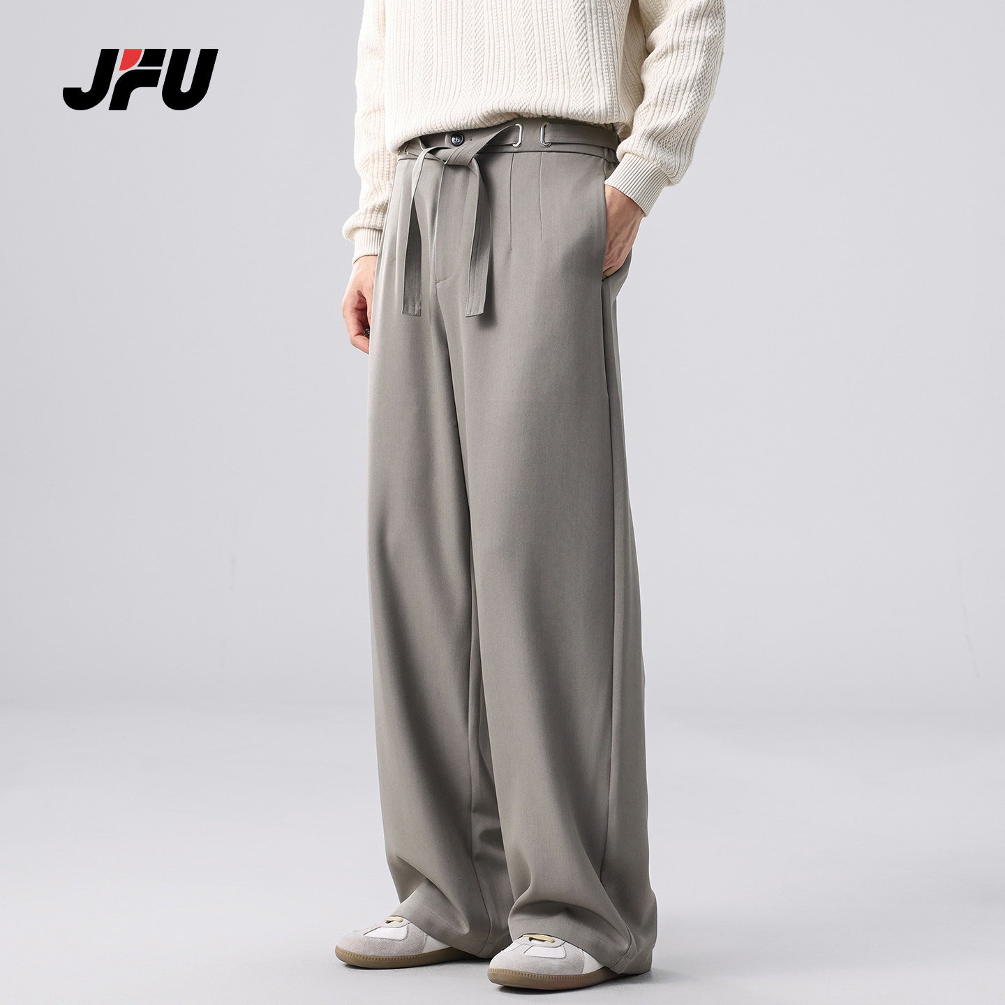JFU潮牌 秋季新款个性腰带宽松阔腿休闲裤男款直筒垂感西装长裤