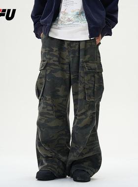 JFU秋冬美式复古水洗迷彩色休闲工装裤男户外运动宽松阔腿长裤子