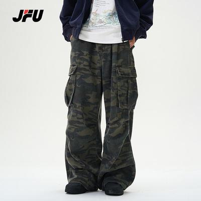 JFU秋冬美式复古水洗迷彩色休闲工装裤男户外运动宽松阔腿长裤子