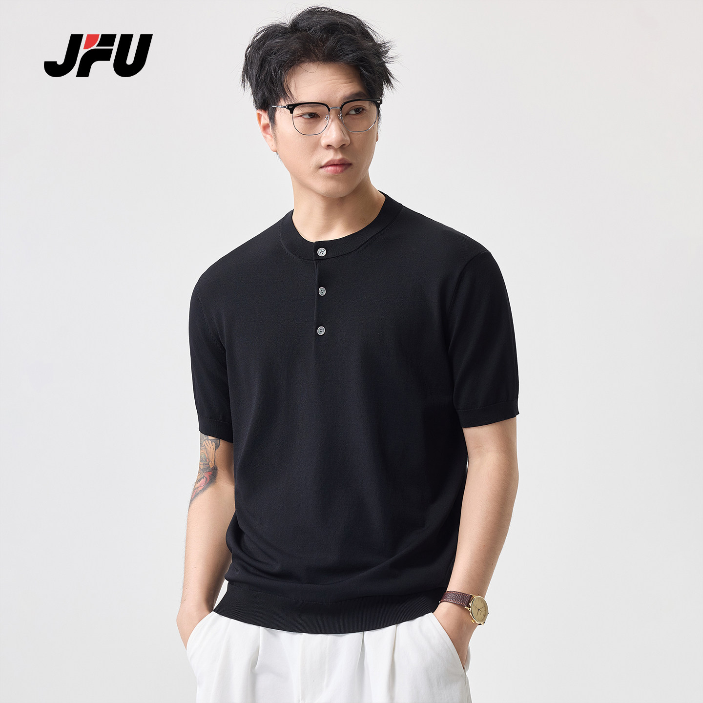 JFU潮牌 春季美式复古极简风亨利领短袖针织衫男薄款透气针织上衣