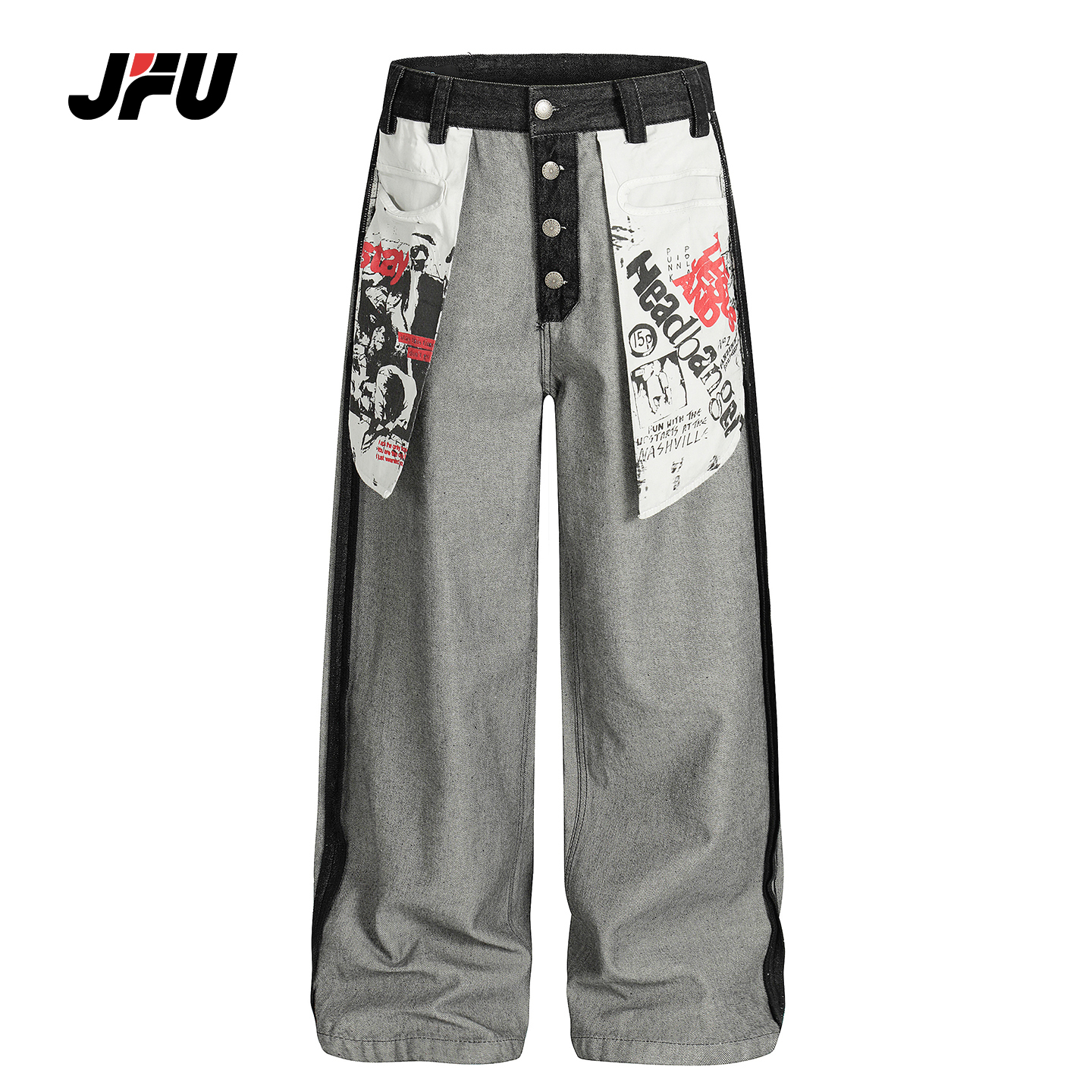JFU潮牌 秋冬新款反穿设计拼接牛仔裤男款宽松休闲直筒阔腿长裤