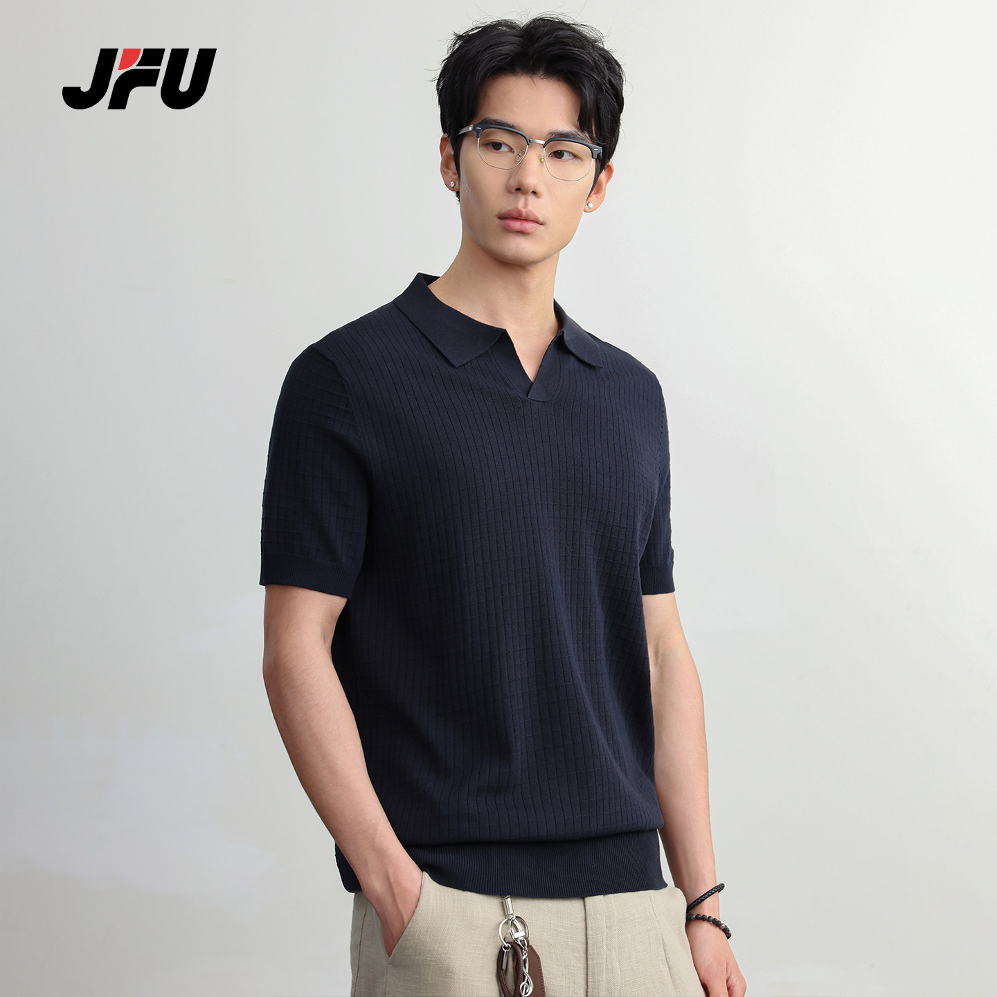 JFU潮牌 夏季美式复古翻领针织短袖男透气POLO衫薄款宽松半袖上衣