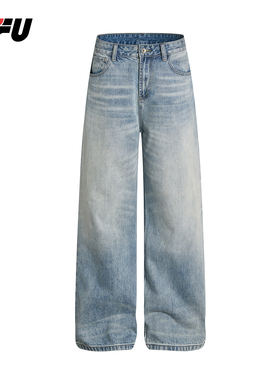 JFU潮牌 秋冬季美式复古水洗做旧直筒牛仔裤男女休闲百搭阔腿长裤