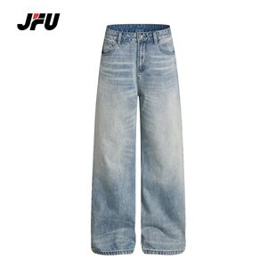 JFU潮牌 秋冬季美式复古水洗做旧直筒牛仔裤男女休闲百搭阔腿长裤