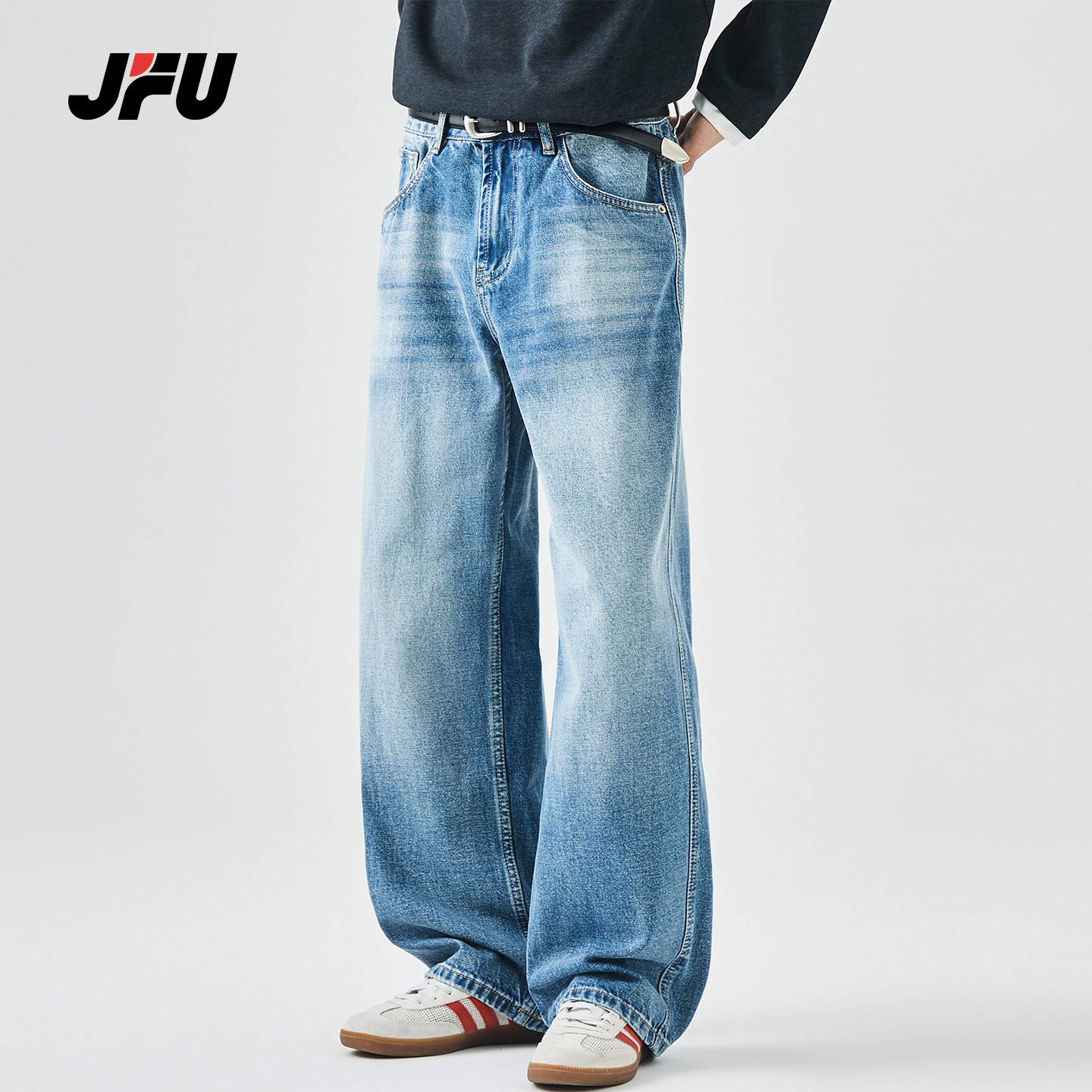 JFU潮牌 秋冬新款复古水洗做旧休闲直筒牛仔裤男款宽松阔腿长裤