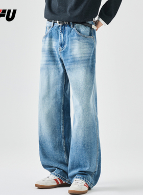 JFU潮牌 秋冬新款复古水洗做旧休闲直筒牛仔裤男款宽松阔腿长裤