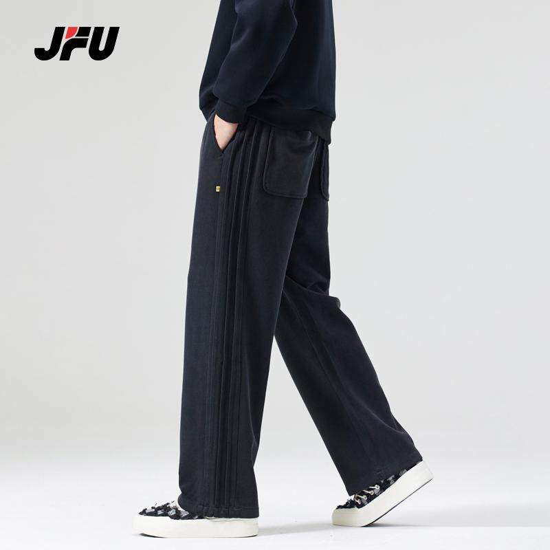 JFU秋冬季美式复古黑色宽松直筒卫裤男抽绳阔腿运动休闲长裤子