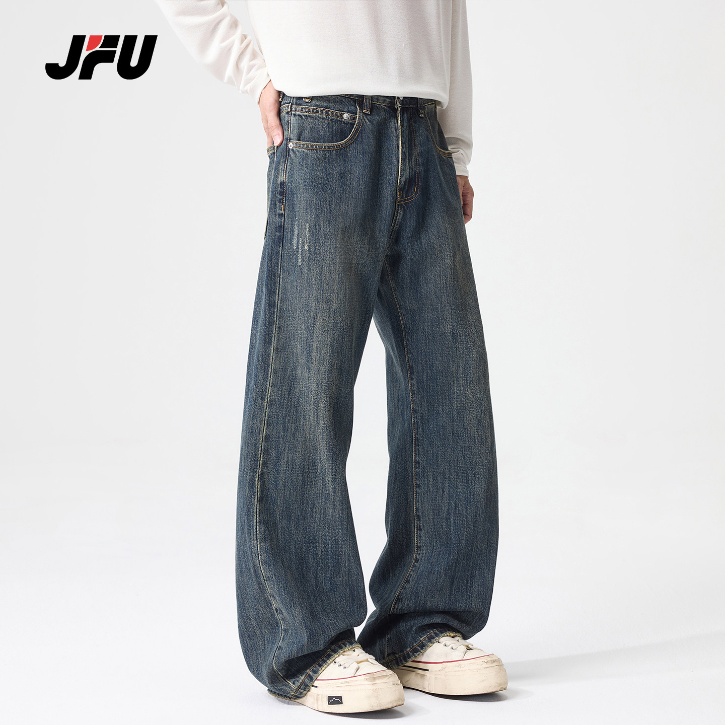 JFU潮牌复古做旧阔腿牛仔裤男图片