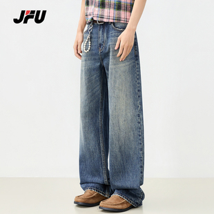 JFU潮牌 2026春季美式复古高街宽松牛仔裤男直筒阔腿拖地垂感裤