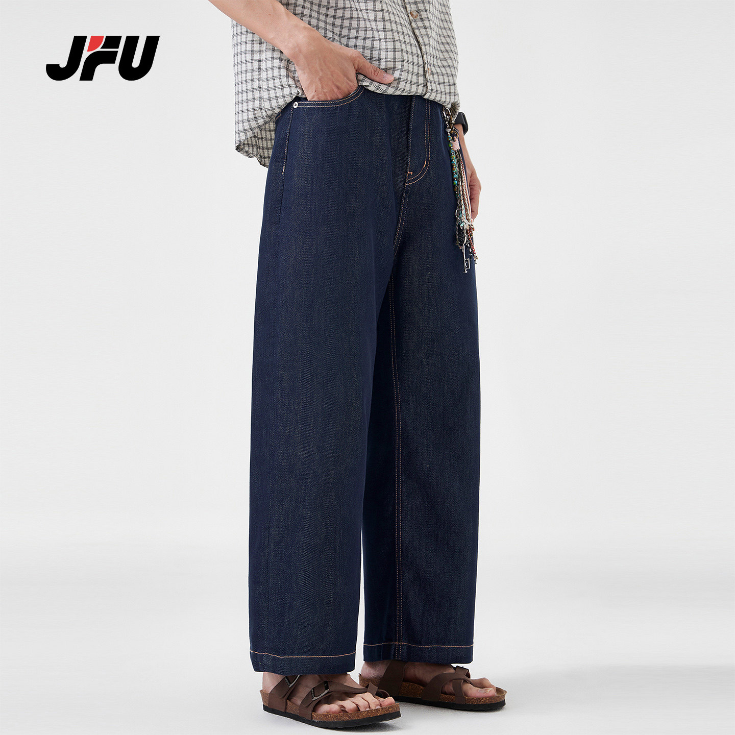 JFU潮牌 春季新款复古老钱风直筒九分牛仔裤男宽松阔腿休闲长裤