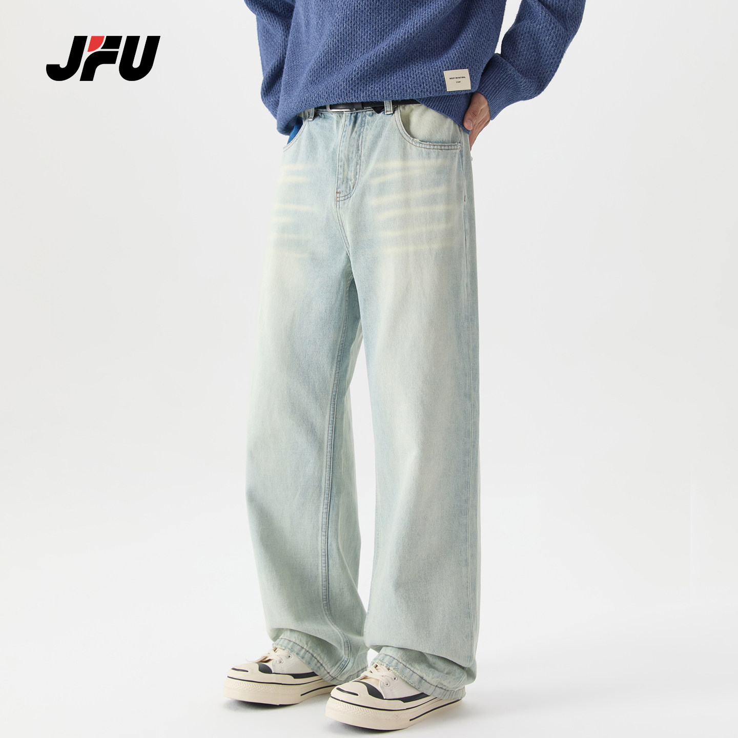 JFU潮牌美式宽松阔腿牛仔裤男