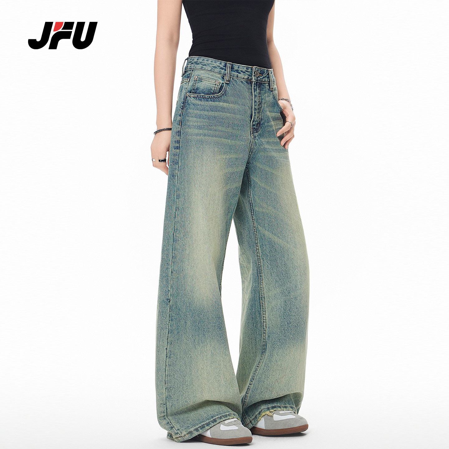 JFU潮牌 春季美式复古水洗阔腿牛仔裤男高腰宽松直筒垂感休闲长裤