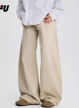 JFU潮牌 秋冬新款美式复古宽松休闲弯刀牛仔裤男款阔腿拖地长裤