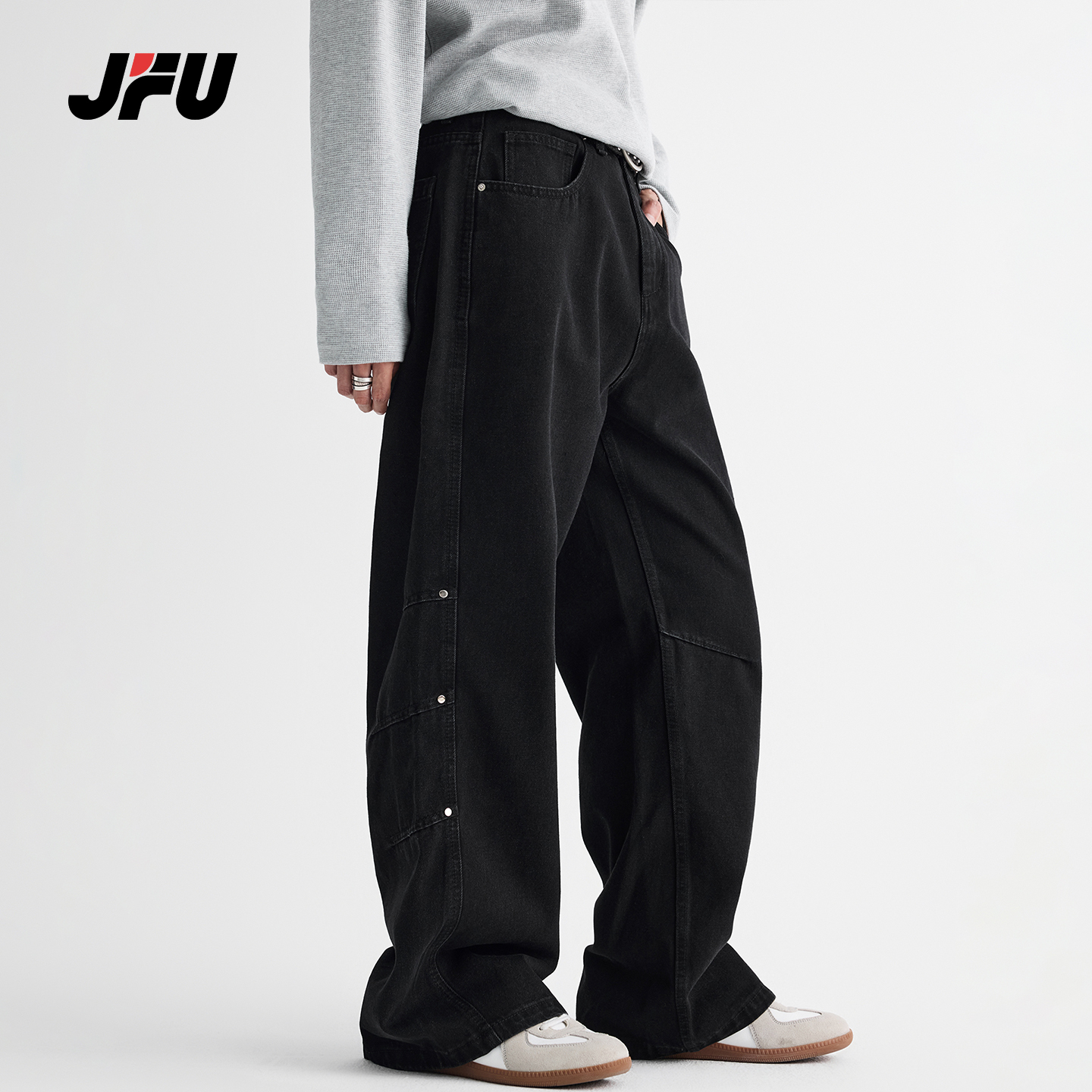 JFU潮牌复古铆钉微喇工装牛仔裤