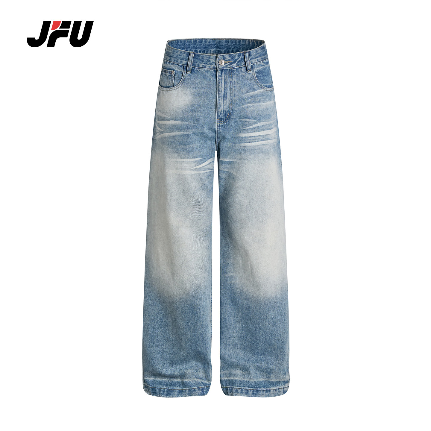 JFU潮牌美式复古水洗直筒牛仔裤图片