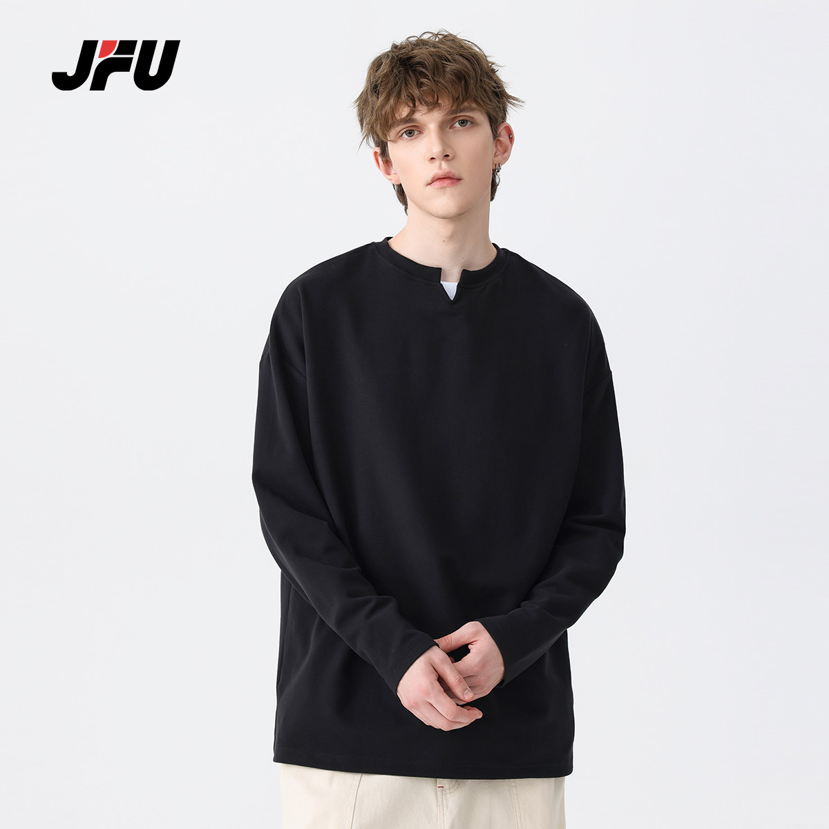JFU秋季高级感打底衫美式潮牌内搭V领长袖t恤男宽松大码休闲上衣