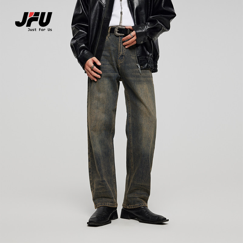 JFU 春秋款美式复古做旧直筒牛仔裤男款宽松百搭潮长裤子男黄泥