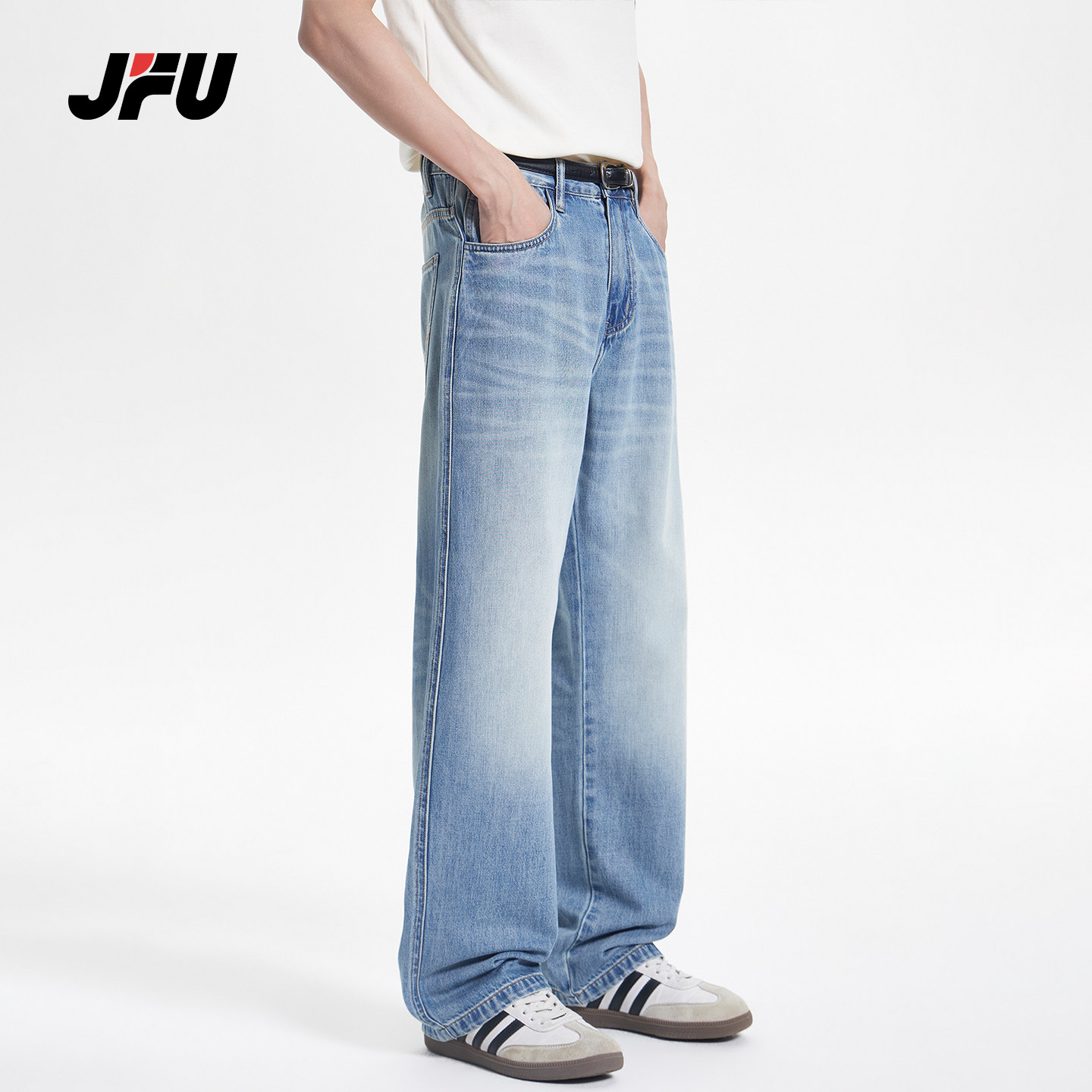 JFU潮牌 夏季美式复古水洗磨白牛仔裤男直筒宽松垂感阔腿休闲长裤