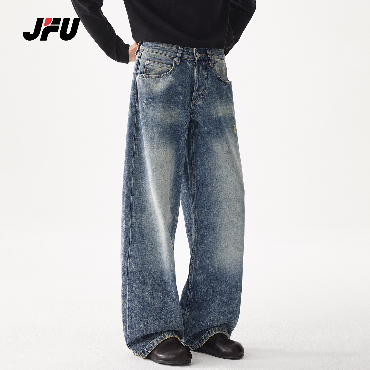 JFU潮牌复古水洗阔腿牛仔裤男